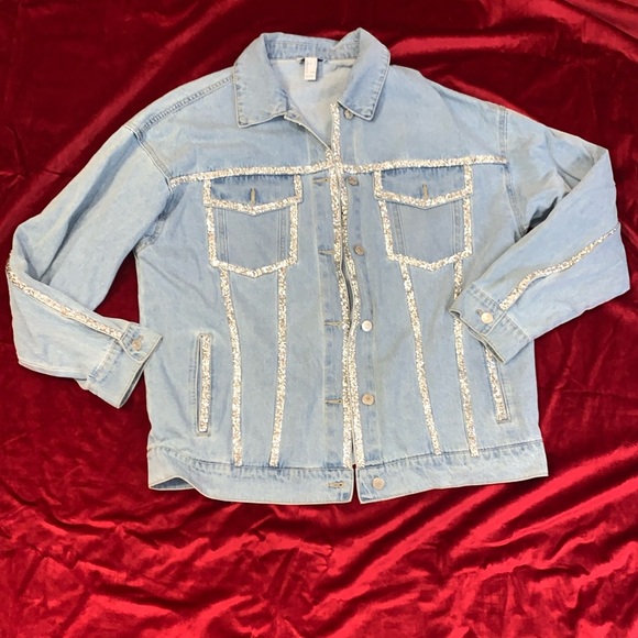 Forever 21 Light Blue Denim Jacket with Silver Sequin Glitter Detail Sz Large - Picture 1 of 7
